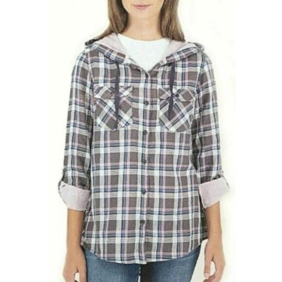 Boston Traders Womens Blue and Purple Plaid Button Down Shirt Jacket Hooded Shac - Picture 1 of 12